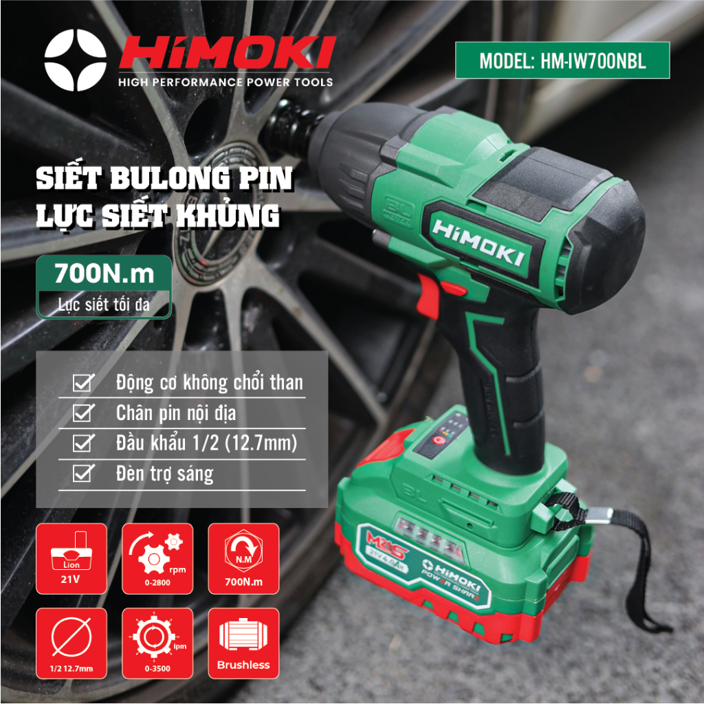 Máy siết bulong Himoki HM-IW700N Có Búa Không Chổi Than-Máy Văn Ốc Ô Tô, Xe Tải lớn 36mm Dòng Compact