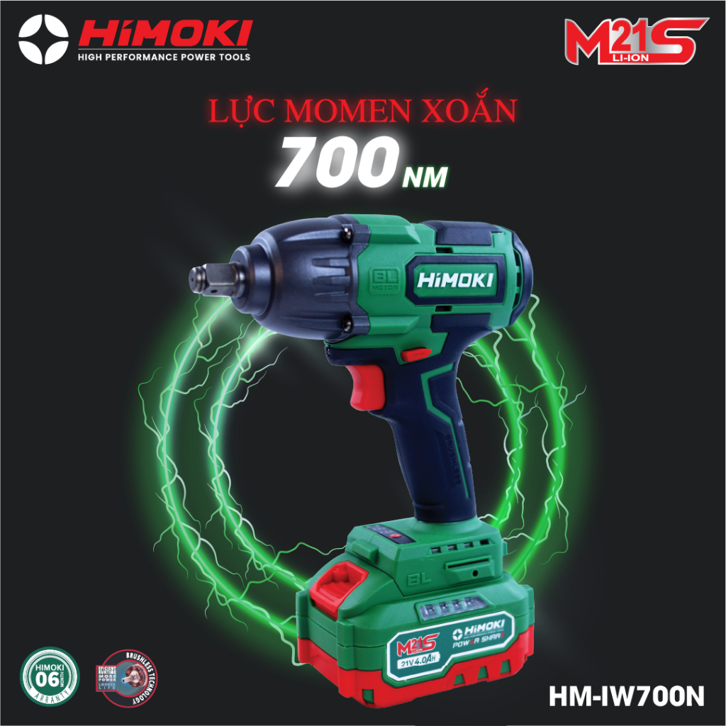 Máy siết bulong Himoki HM-IW700N Có Búa Không Chổi Than-Máy Văn Ốc Ô Tô, Xe Tải lớn 36mm Dòng Compact