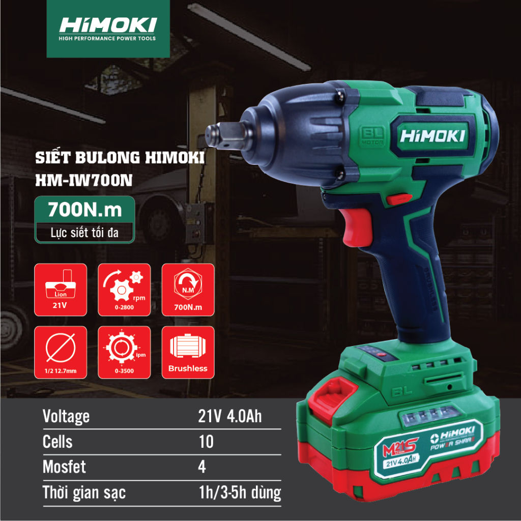 Máy siết bulong Himoki HM-IW700N Có Búa Không Chổi Than-Máy Văn Ốc Ô Tô, Xe Tải lớn 36mm Dòng Compact