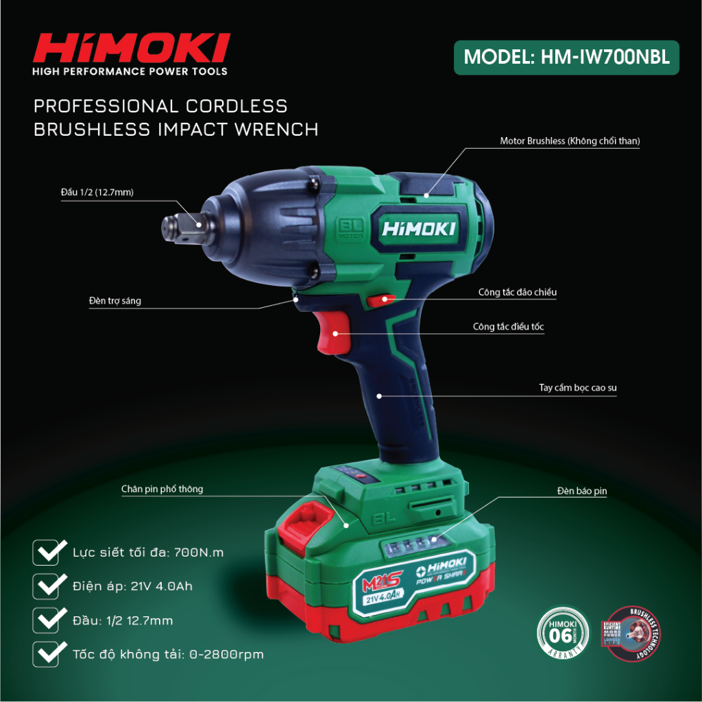 Máy siết bulong Himoki HM-IW700N Có Búa Không Chổi Than-Máy Văn Ốc Ô Tô, Xe Tải lớn 36mm Dòng Compact