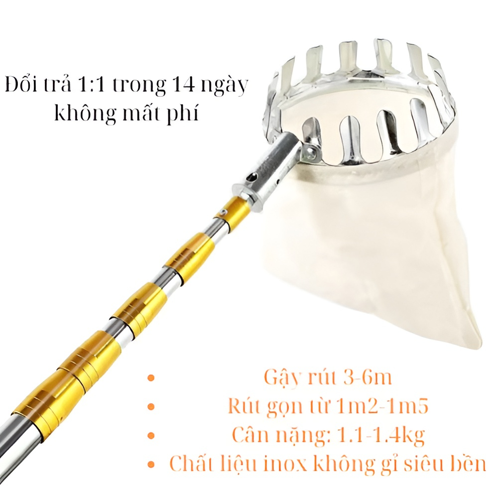 Dụng cụ gậy hái quả, sào hái trái cây, cây hái hoa quả rút gọn dài 3-6m kèm đầu vợt đường kính 16cm hái trái dễ dàng.