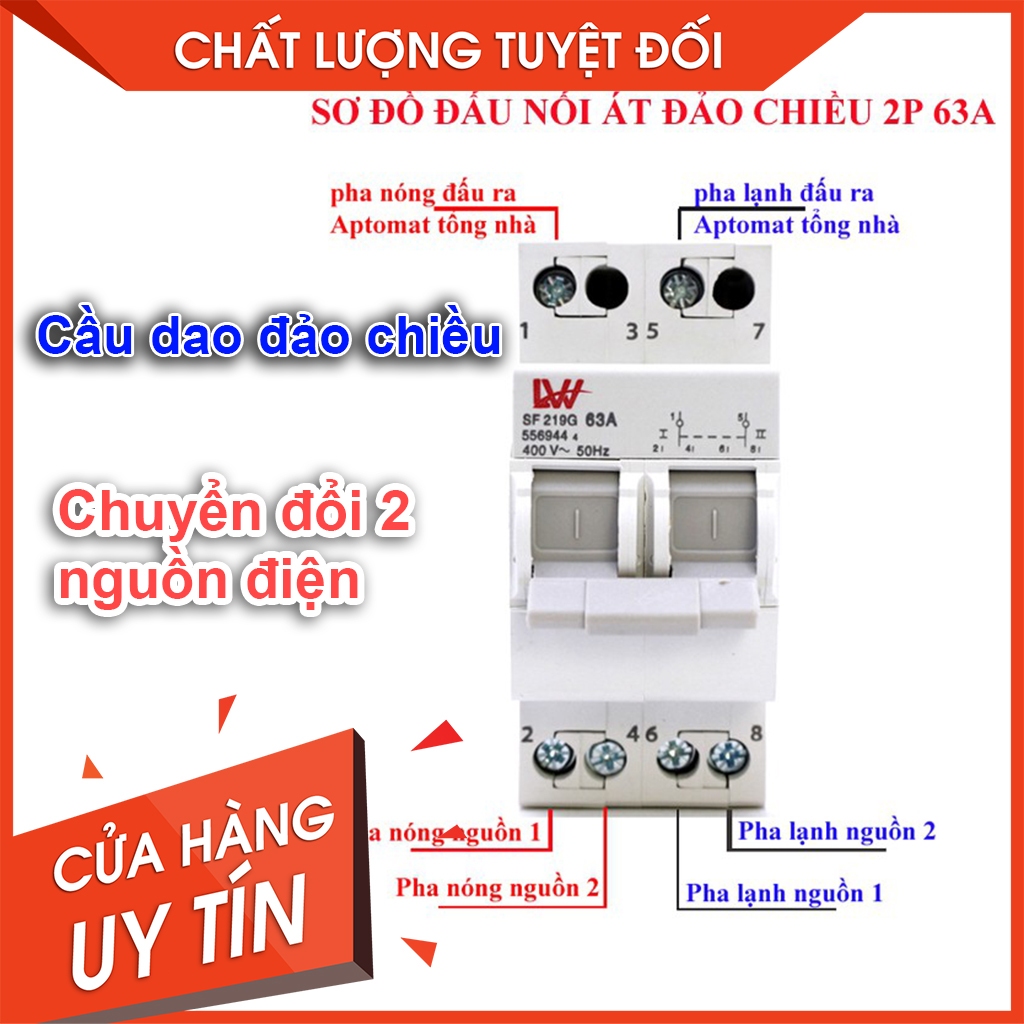 Cầu dao đảo chiều 2 nguồn điện 1 pha 2P chịu tải cao 63A Aptomat đảo chiều Aptomat chuyển đổi nguồn điện