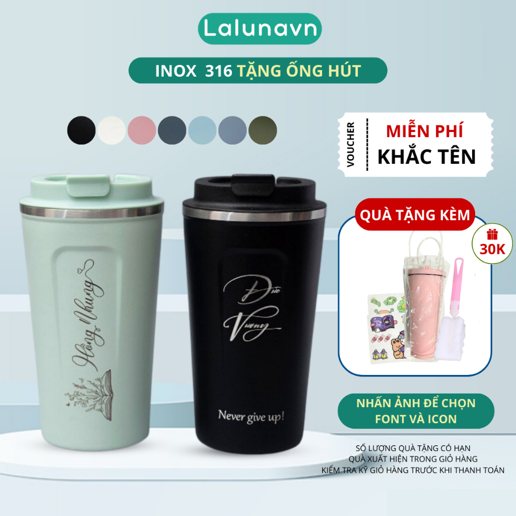 Ly giữ nhiệt 510ml KHẮC TÊN cốc coffee Lalunavn inox 304 giữ lạnh 12h tặng + Sticker trang trí