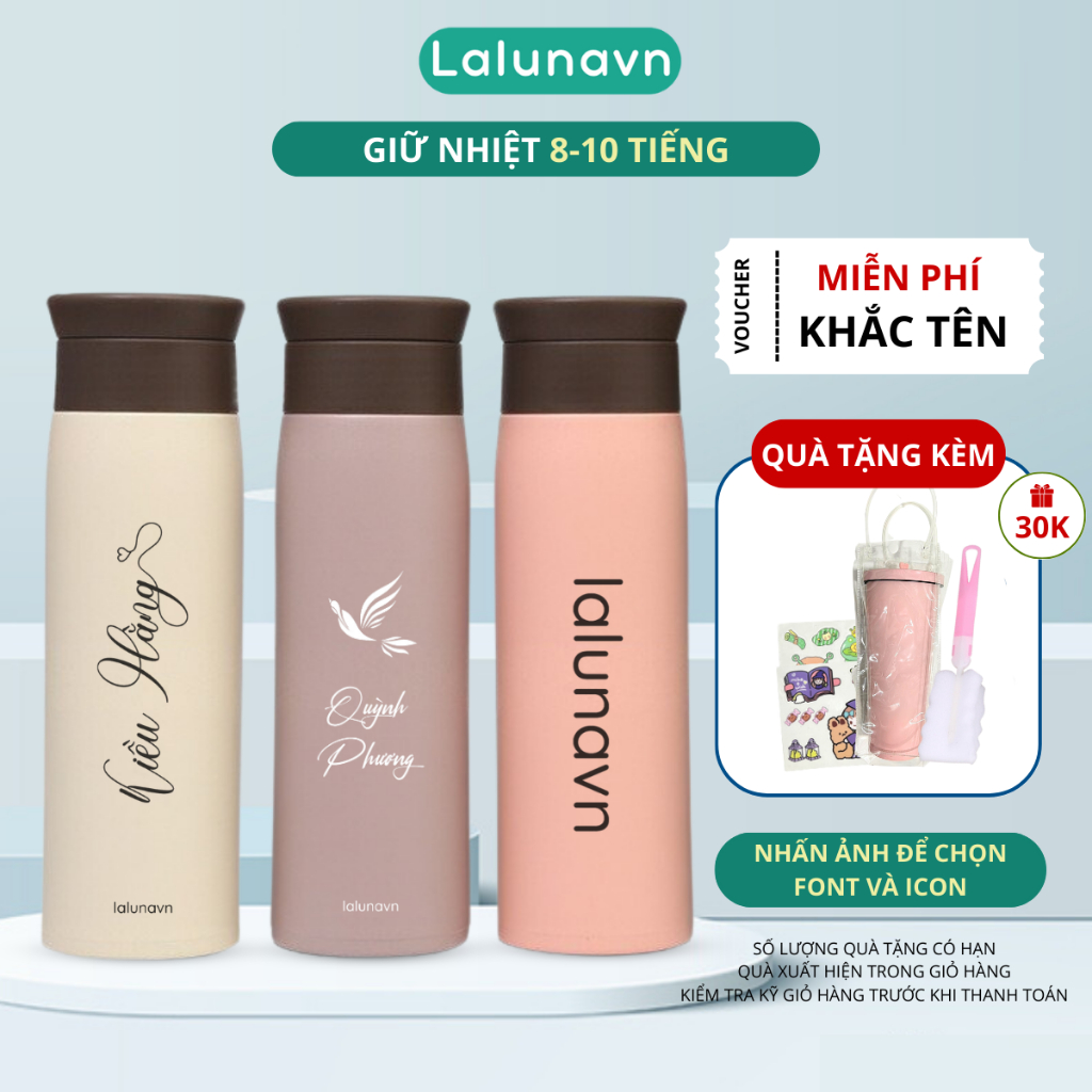 Bình giữ nhiệt TYESO Khắc Tên 500ML inox 304 Lalunavn an toàn, giữ được đồng thời nóng và lạnh trên 8H B143