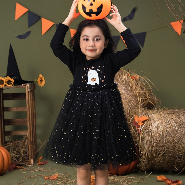 Váy halloween bé gái ILABY in hình chất liệu thun cotton co dãn 4 chiều phối lưới đính sao [11IGK3FT2104]