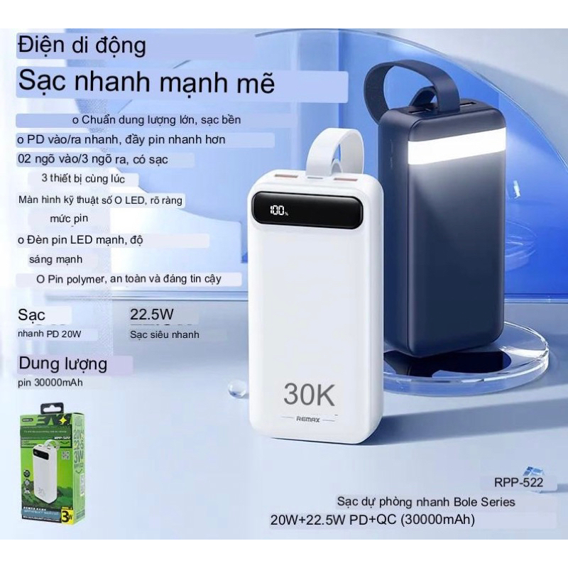 Sạc Dự Phòng 30000mAh Remax RPP 522 Hỗ Trợ Sạc Nhanh , Màn Hình Hiển Thị , Tích Hợp Đèn Pin Bảo Hành 12 Tháng
