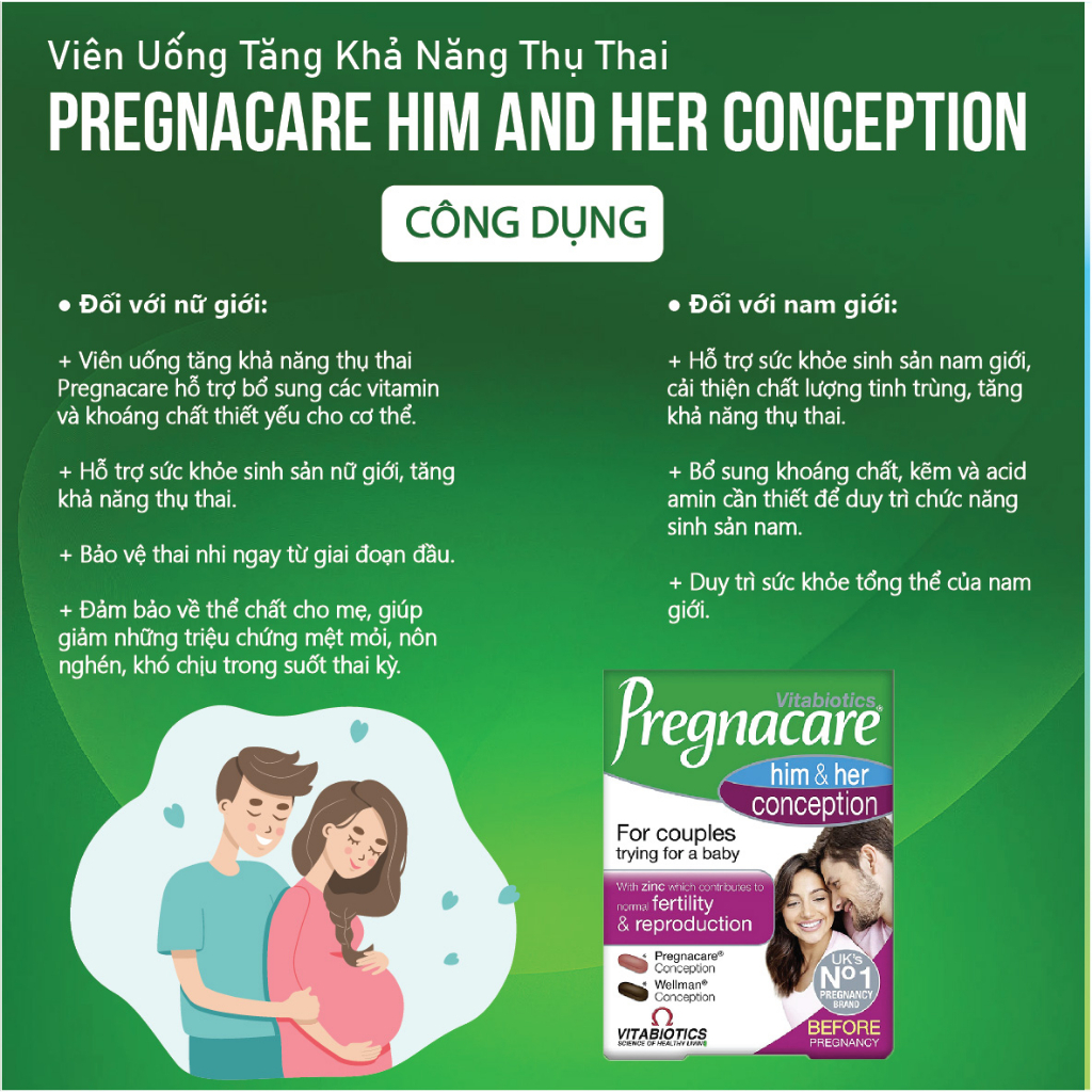 Viên uống tăng khả năng thụ thai Pregnacare Him & Her Conception 60 viên của Anh cho cả vợ và chồng
