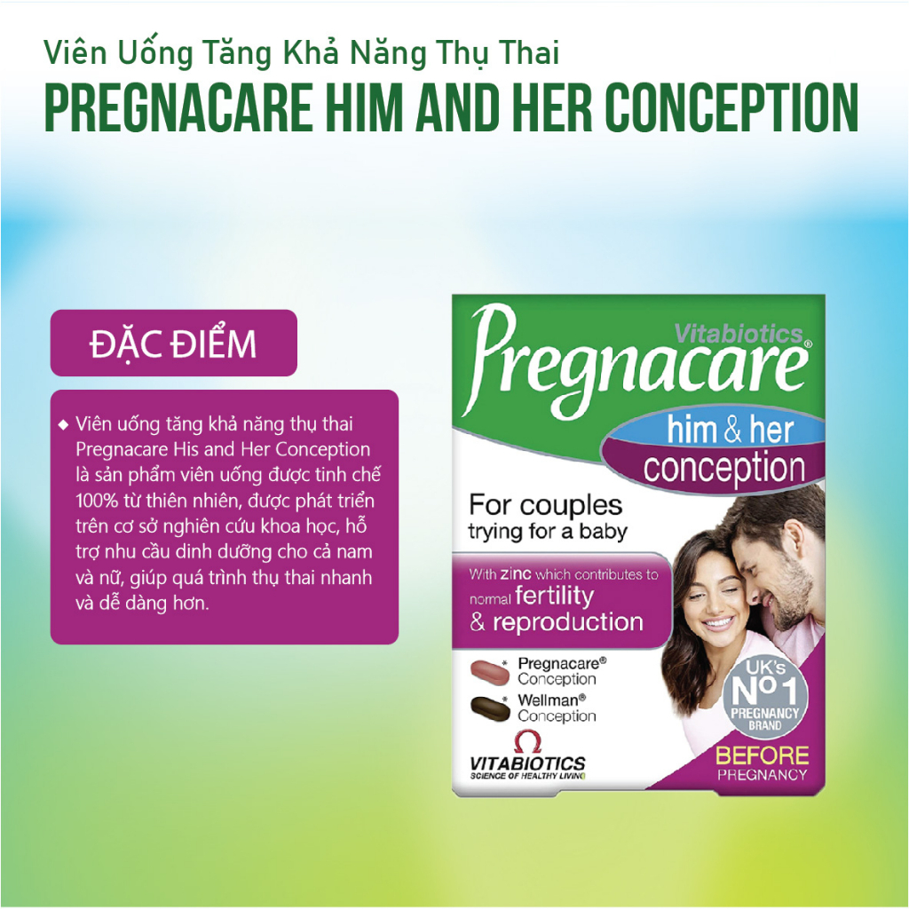 Viên uống tăng khả năng thụ thai Pregnacare Him & Her Conception 60 viên của Anh cho cả vợ và chồng