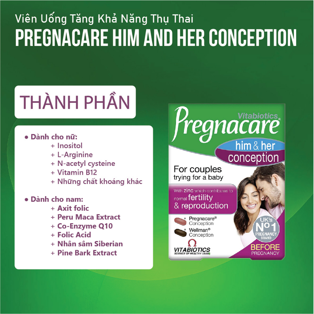 Viên uống tăng khả năng thụ thai Pregnacare Him & Her Conception 60 viên của Anh cho cả vợ và chồng