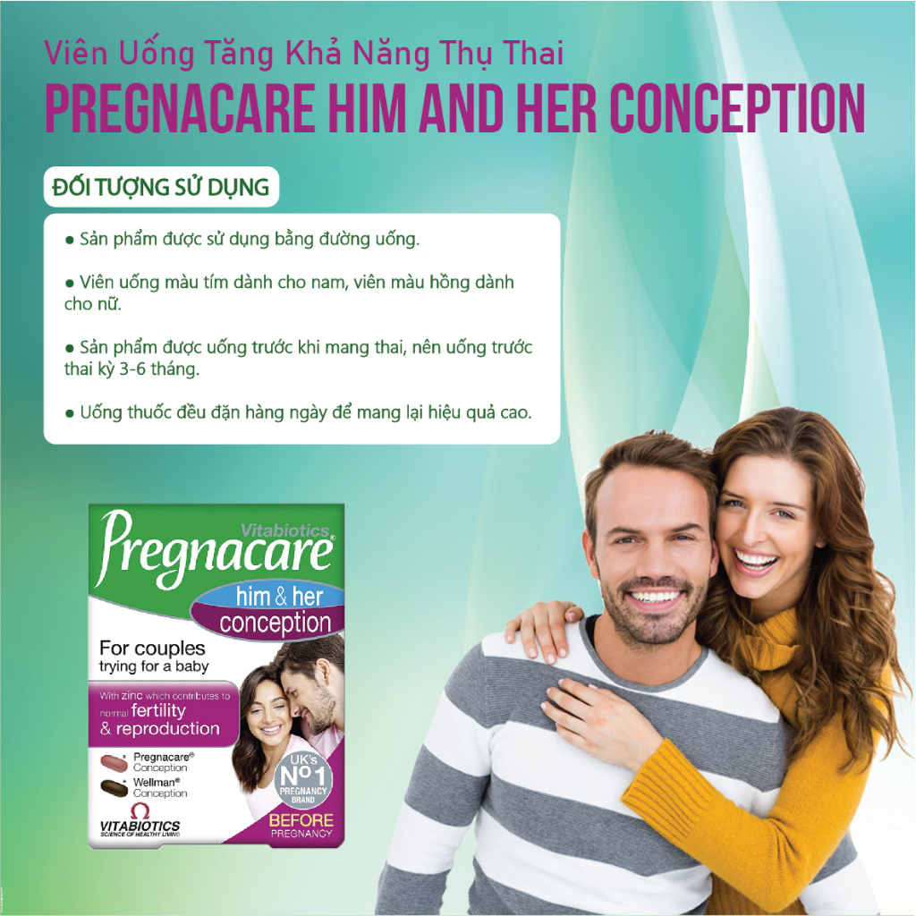 Viên uống tăng khả năng thụ thai Pregnacare Him & Her Conception 60 viên của Anh cho cả vợ và chồng