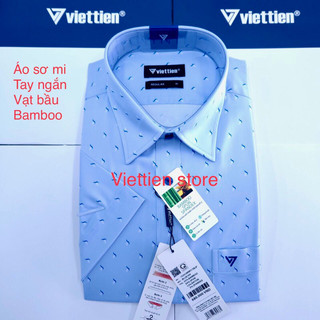 Áo sơ mi việt tiến chấm xanh ngắn tay vạt bầu - mã 0538