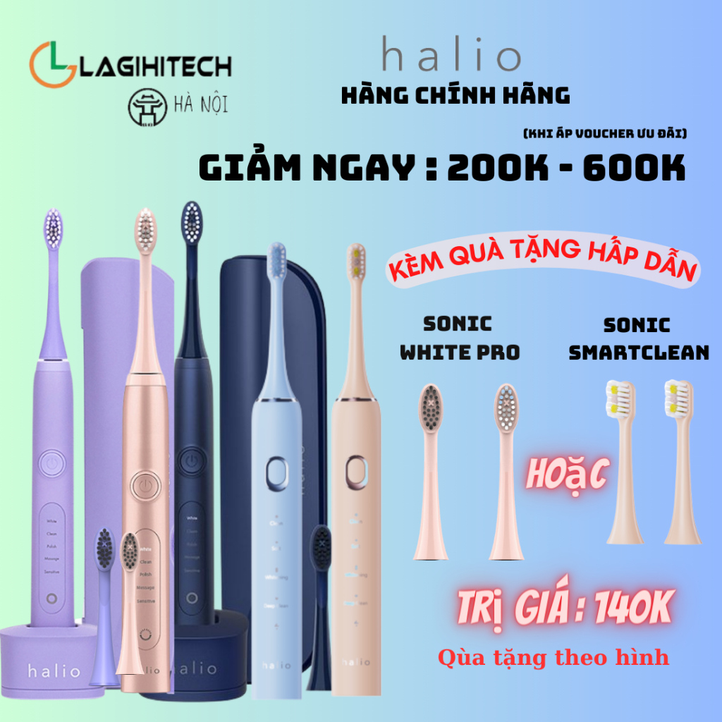 (Giá hủy diệt) Bàn Chải Điện Halio Sonic Whitening PRO/SmartClean Toothbrush Bảo hành 1 năm - Hàng Chính Hãng