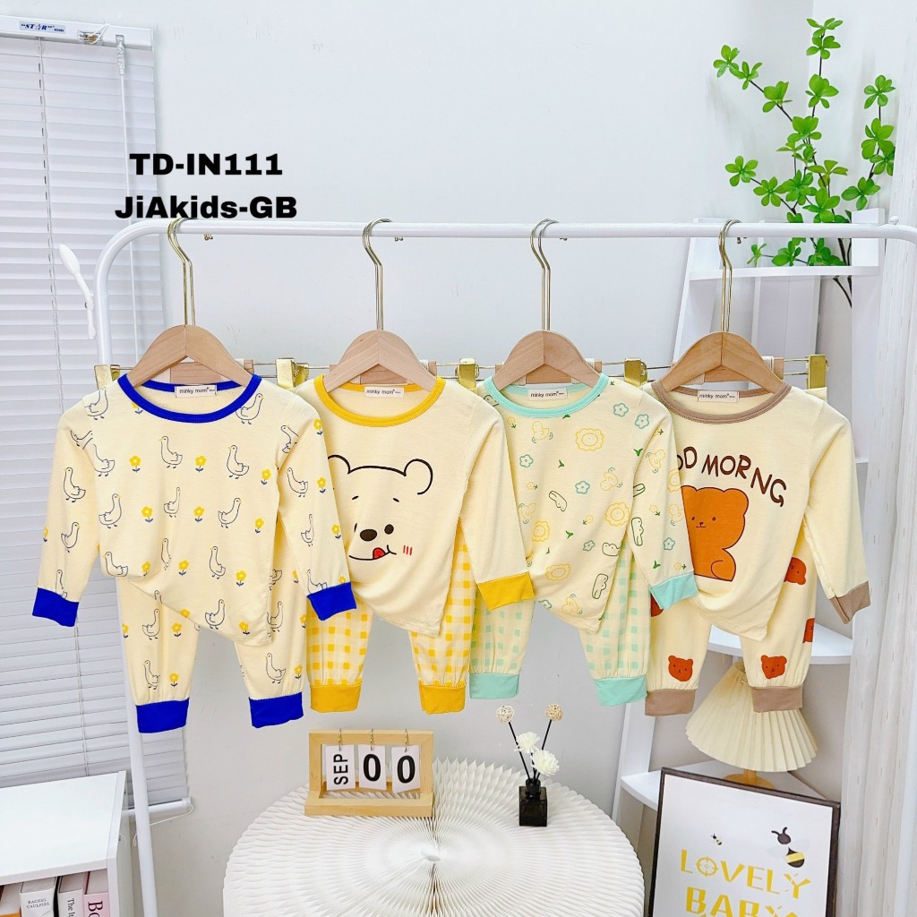 Bộ dài tay thun lạnh nền kem in hình Minky Mom mềm mịn mát cho bé trai, bé gái - HÀNG LOẠI 1