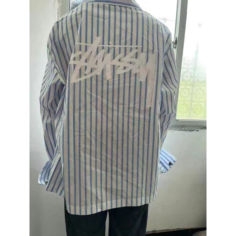 STUSSY SHIRT - Áo sơ mi kẻ xanh dài tay Big logo unisex