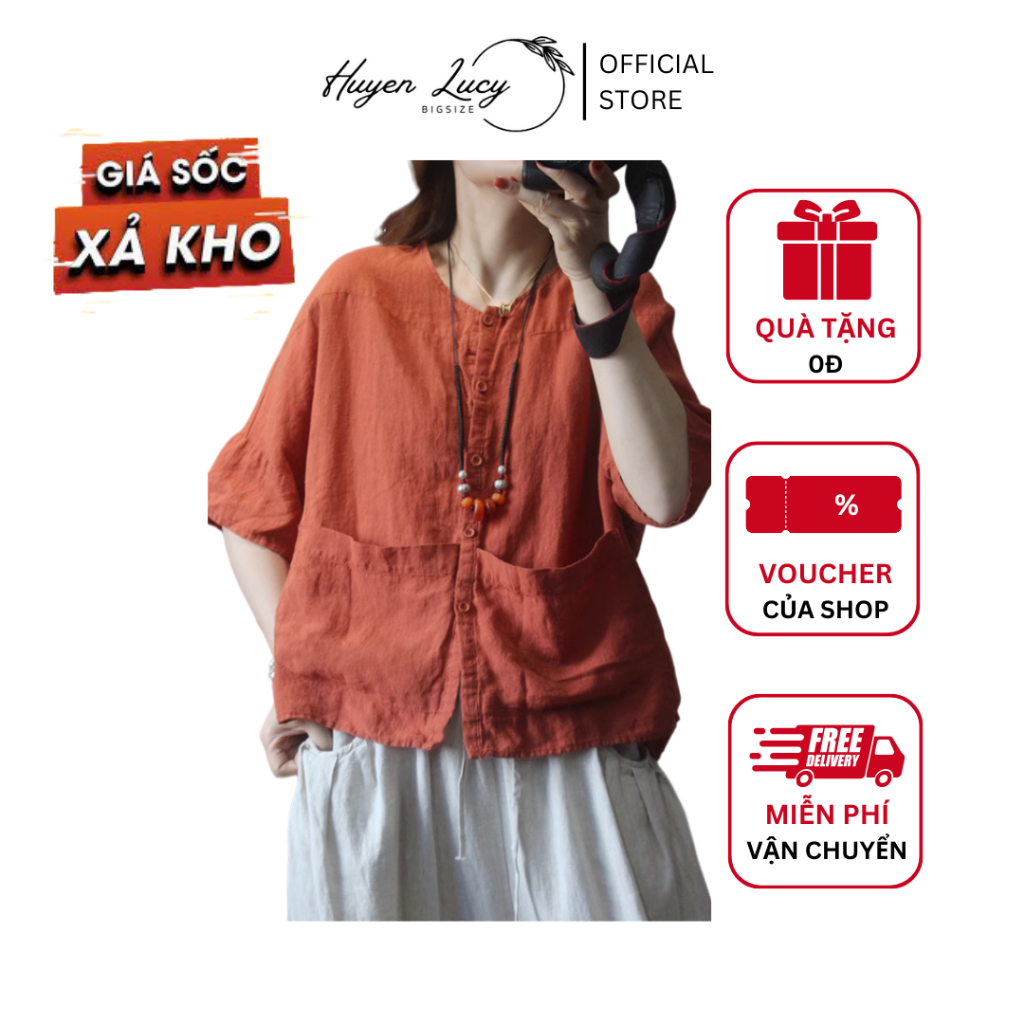 Áo Sơ Mi Đũi Nữ Bigsize Tay Ngắn Cổ Tròn Mỏng Dáng Rộng Che Bụng Chất Mát Thời Trang Mùa Hè 2023 Áo Đi Chùa Big Size