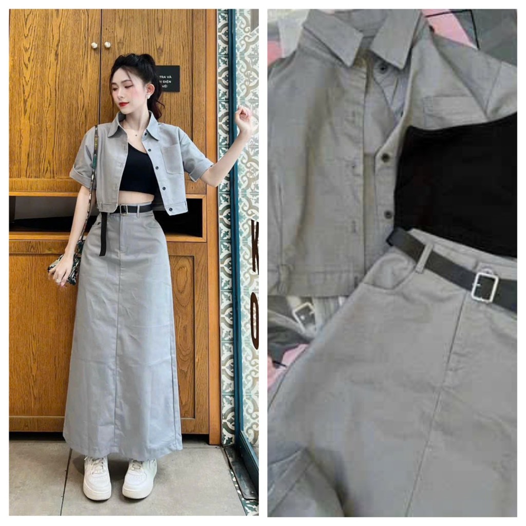 Set Bộ Nữ Thời Trang Nữ 3 Món Áo Thun Lệch Vai Mix Chân Váy Dài Hách Dáng Kèm Áo Khoác Ngoài Kaki (có thắt lưng)