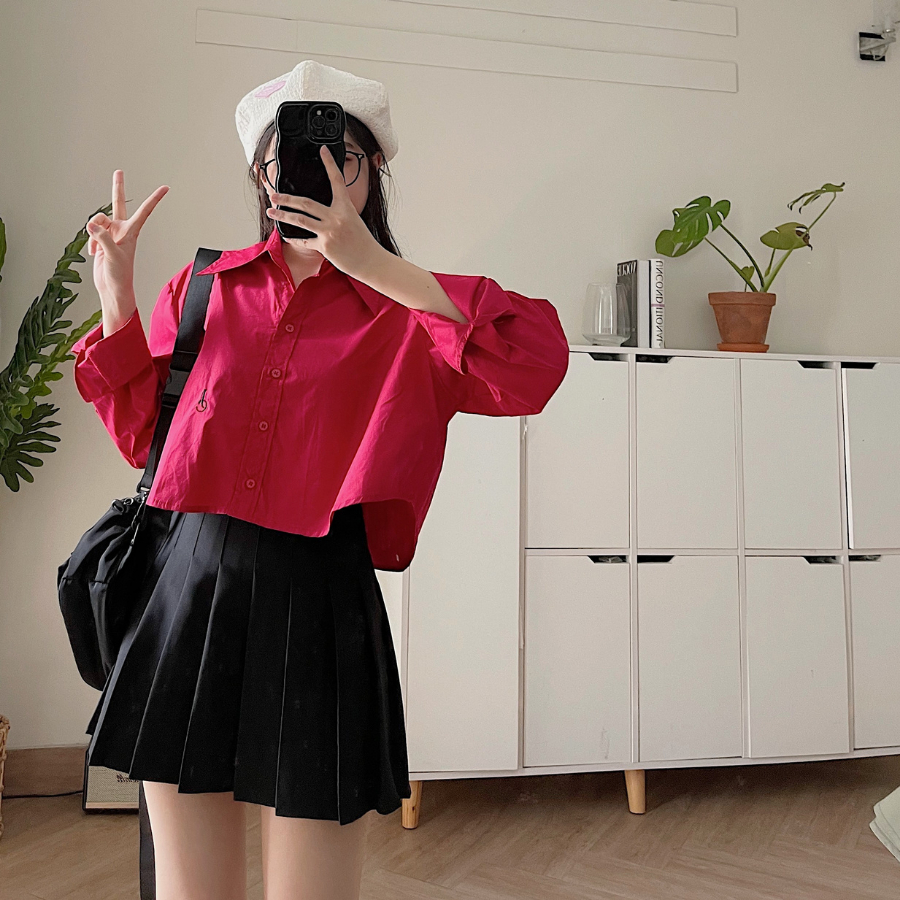 Áo croptop sơ mi dài tay nữ chất vải cotton thô hàn mịn JCIE 10591 - Jemcloset