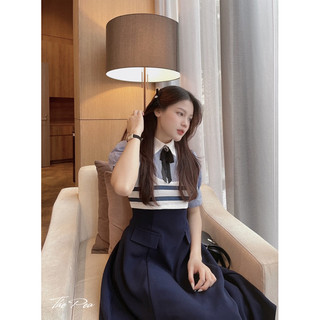 AMEE DRESS by Thepeavn - Đầm giả yếm phối sơ mi kẻ xanh tím than (ko kèm nơ)