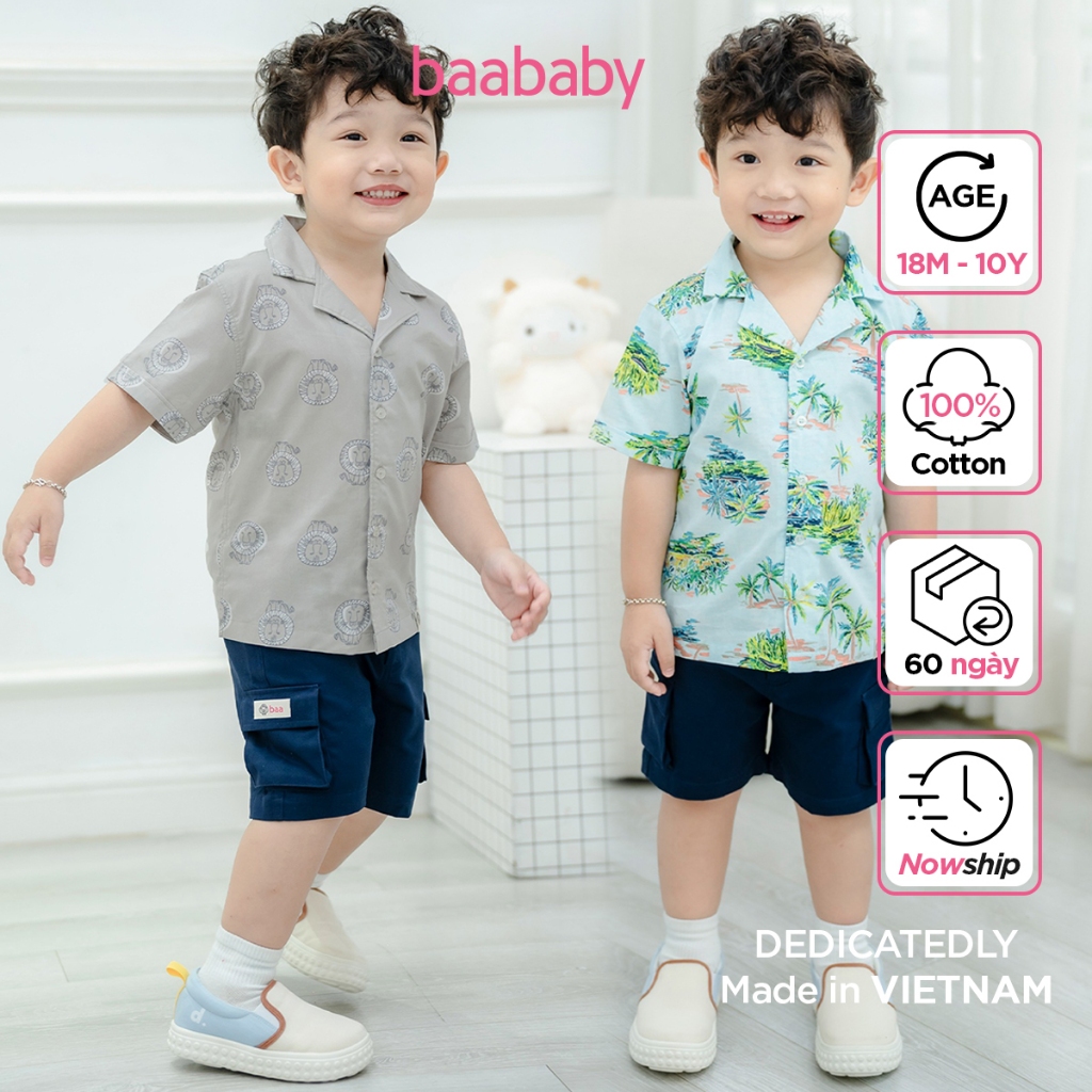 Áo sơ mi ngắn tay bé trai, áo pyjamas cho bé họa tiết mùa hè từ 1 tuổi - 10 tuổi Baa Baby