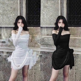 Đầm body nhún trễ vai tay dài phối dây đính hoa eo chất thun mềm mại gợi cảm