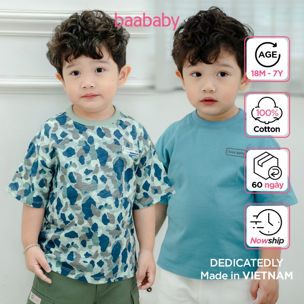 Áo thun bé trai, áo thun form rộng cho bé trai cotton ép logo cho bé từ 1 tuổi - 7 tuổi Baa Baby