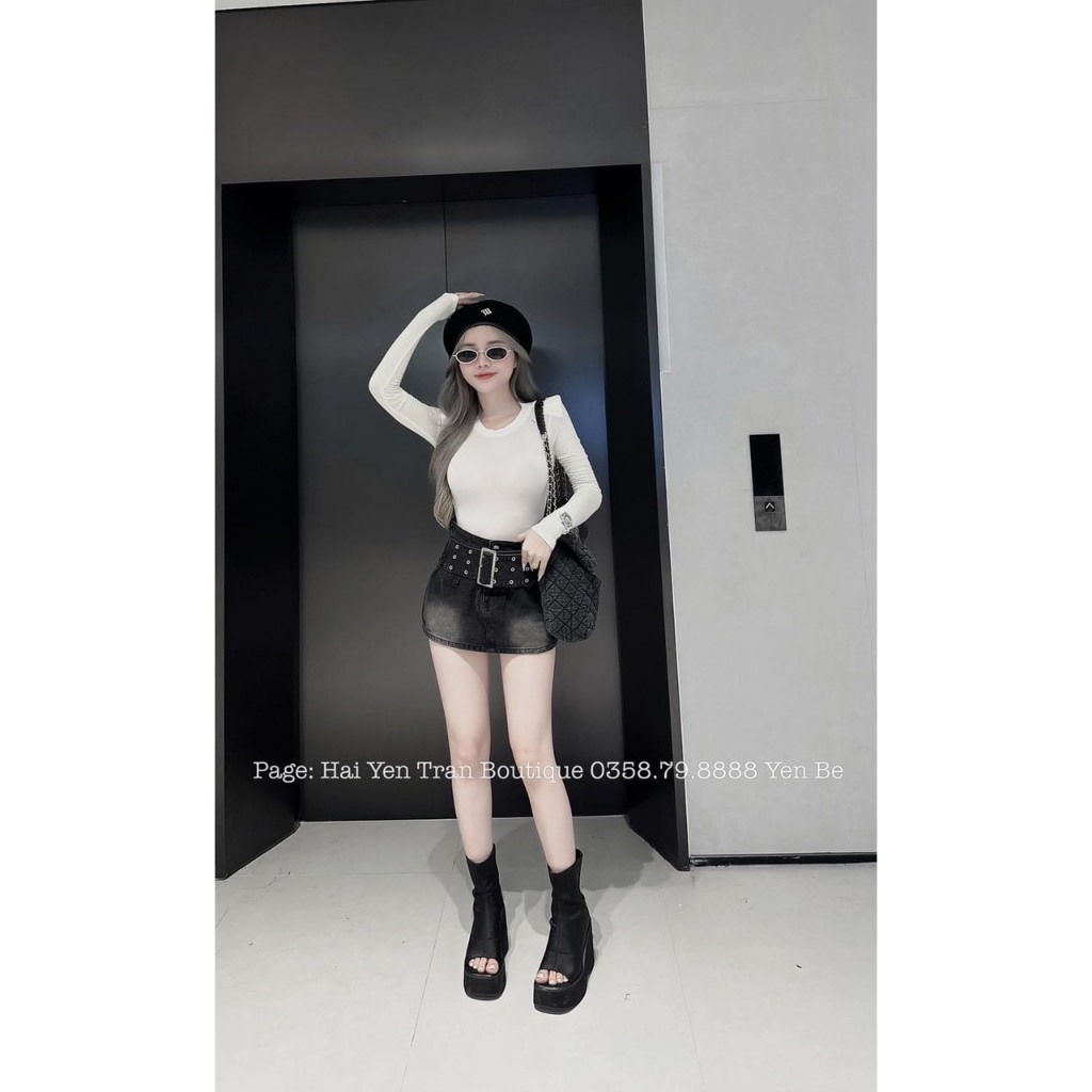 Chân váy ngắn jeans denim bò trơn đai trước bản to QCCC QCL1 CV0094 Mía