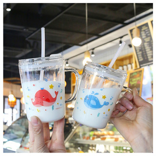 (XẢ) Combo cốc sữa chia vạch khủng long cá voi, cốc thủy tinh có nắp cute, ly thủy tinh chịu nhiệt không chì(tặng ốnghút