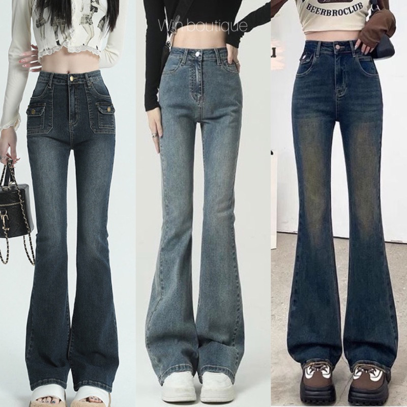 Quần bò jean nữ ống loe đứng rộng suông co giãn jeans cạp cao cao cấp Hottrend 2023 Win boutique