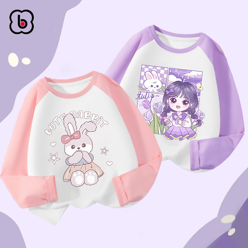 Áo dài tay bé gái BabyloveGO 2023 áo thu đông phối màu chất liệu thun cotton in hình cute dễ thương