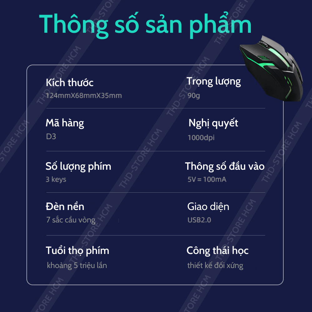 Chuột máy tính gaming chơi game D3 có dây tắt âm silent 800 DPI Led RGB con lăn siêu nhạy làm việc văn phòng BH 12 tháng