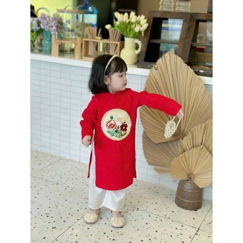 Áo dài bé gái 💝FREESHIP💝 set Áo dài bé gái NILEN màu hồng sen màu đỏ cực xinh
