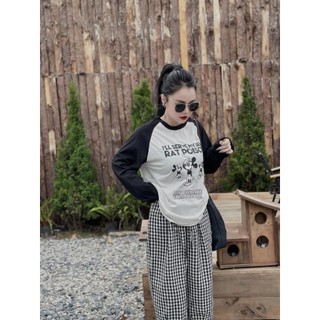  Set Bộ Đồ Nữ Áo Phông Mickey Dài Tay Phối Màu Đen Trắng Mix Quần Kẻ Caro Form Baggy trẻ trung MENINA 