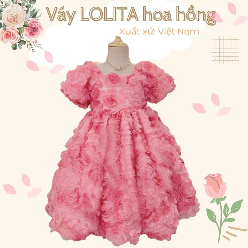 Váy công chúa hoa hồng nổi cổ vuông tay bồng Lolita bồng bềnh dễ thương SHUSHIBABY 1 đến 10 tuổi