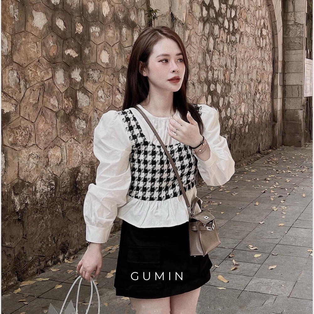 Set sơ mi phối dạ GUMIN thiết kế áo thô phối dạ ziczac và chân váy nhung cao cấp trẻ trung