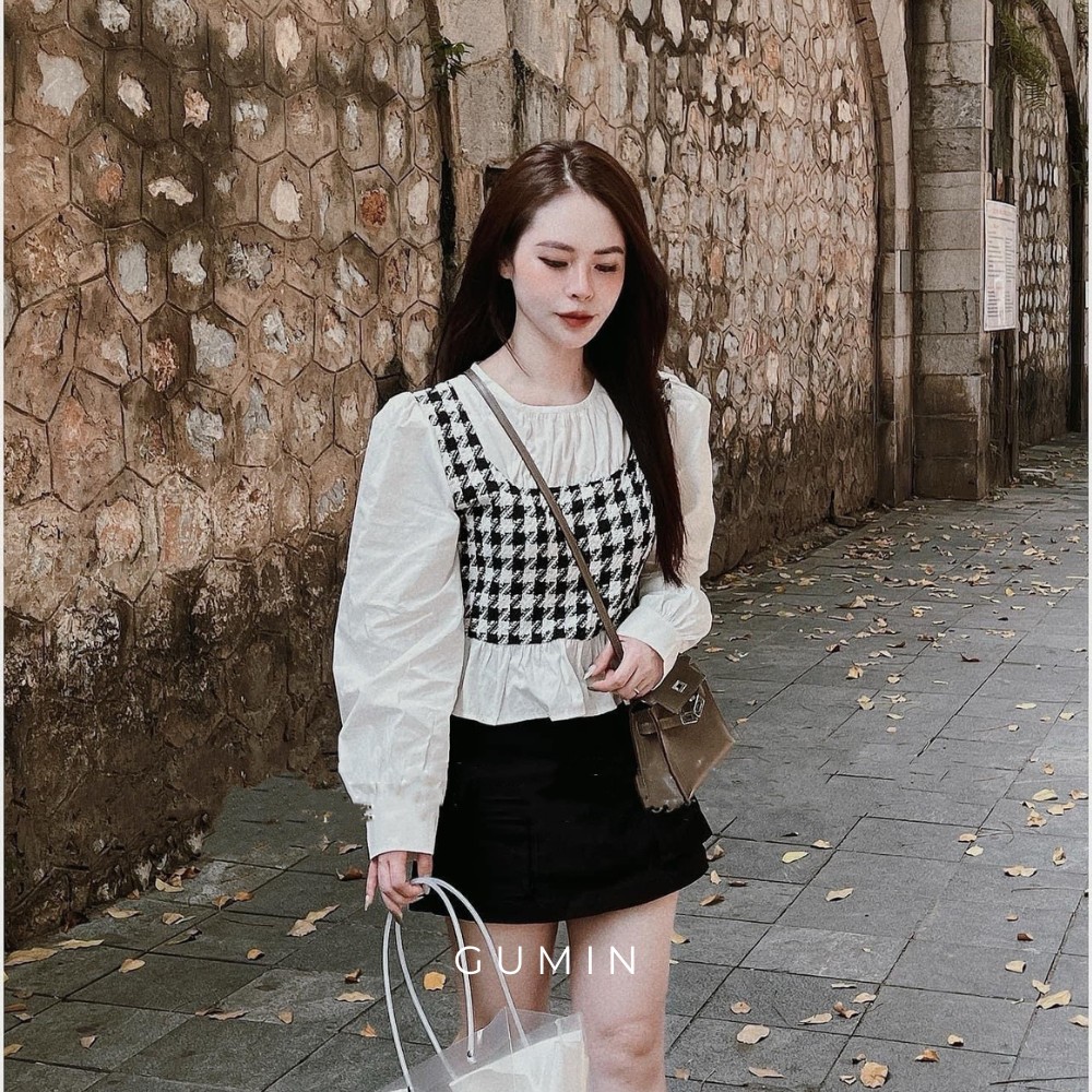 Set sơ mi phối dạ GUMIN thiết kế áo thô phối dạ ziczac và chân váy nhung cao cấp trẻ trung