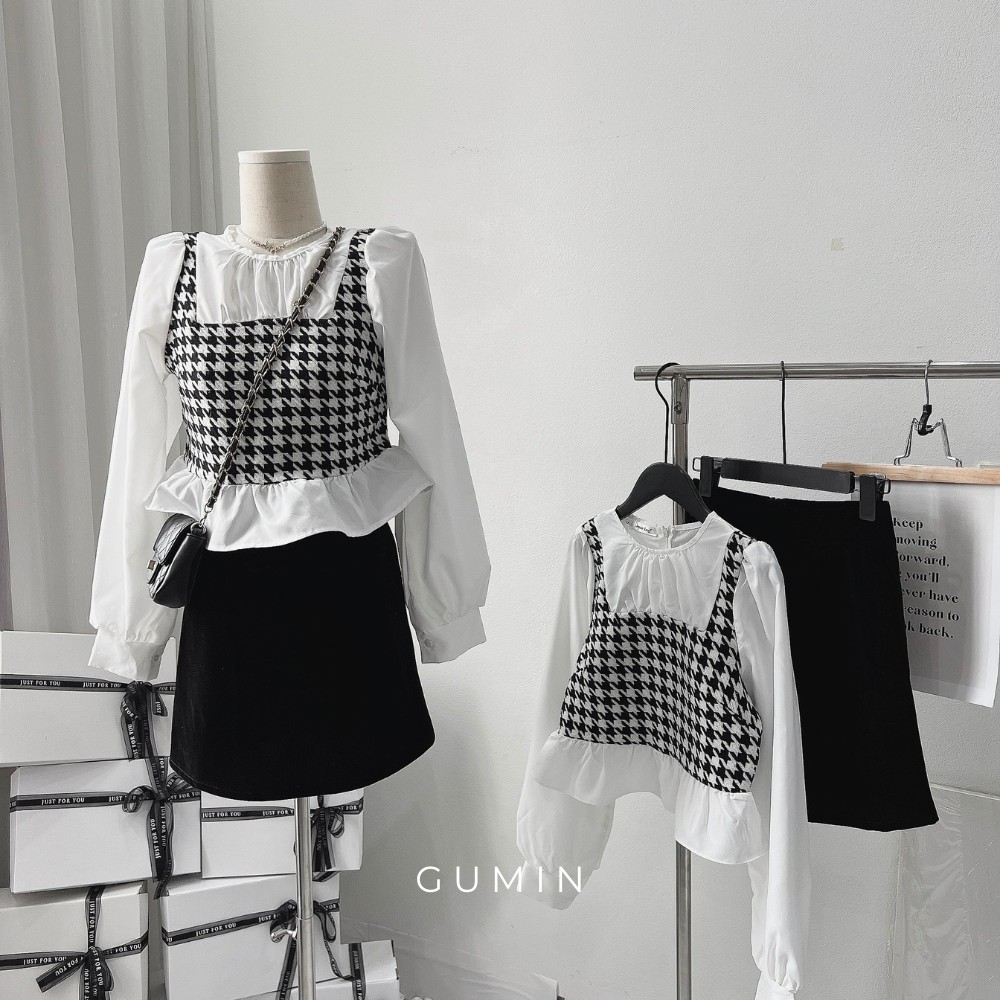 Set sơ mi phối dạ GUMIN thiết kế áo thô phối dạ ziczac và chân váy nhung cao cấp trẻ trung