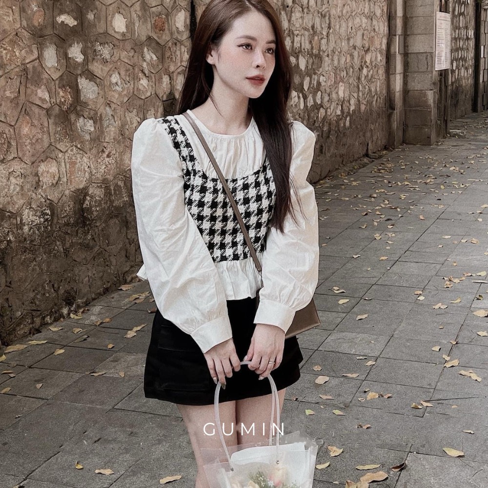 Set sơ mi phối dạ GUMIN thiết kế áo thô phối dạ ziczac và chân váy nhung cao cấp trẻ trung