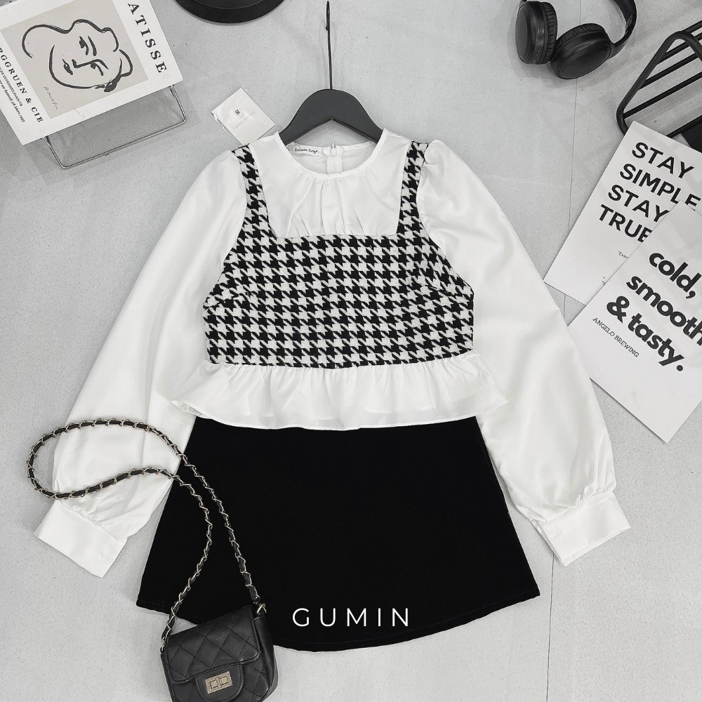 Set sơ mi phối dạ GUMIN thiết kế áo thô phối dạ ziczac và chân váy nhung cao cấp trẻ trung