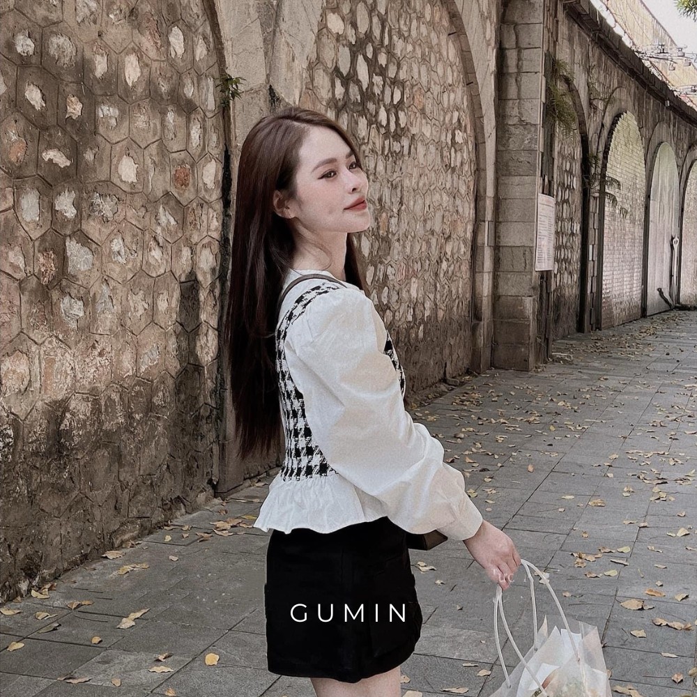 Set sơ mi phối dạ GUMIN thiết kế áo thô phối dạ ziczac và chân váy nhung cao cấp trẻ trung