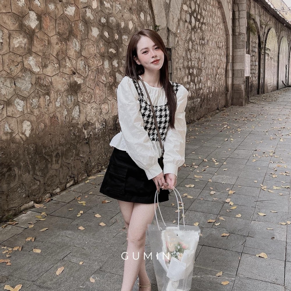 Set sơ mi phối dạ GUMIN thiết kế áo thô phối dạ ziczac và chân váy nhung cao cấp trẻ trung