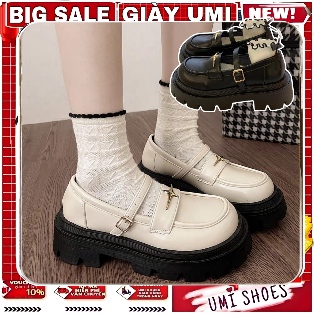 HÀNG CÓ SẴN Giày Lolita PRO ulzzang retro vintage oxford mũi tròn khâu viền quai cài da mềm đế bằng 5cm màu đen/kem mới