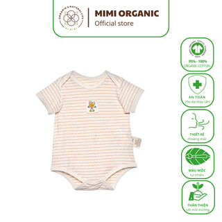 Bộ áo liền quần Mimi Organic Official dáng đùi  bông màu tự nhiên kẻ nâu cho bé mềm mịn siêu thoáng