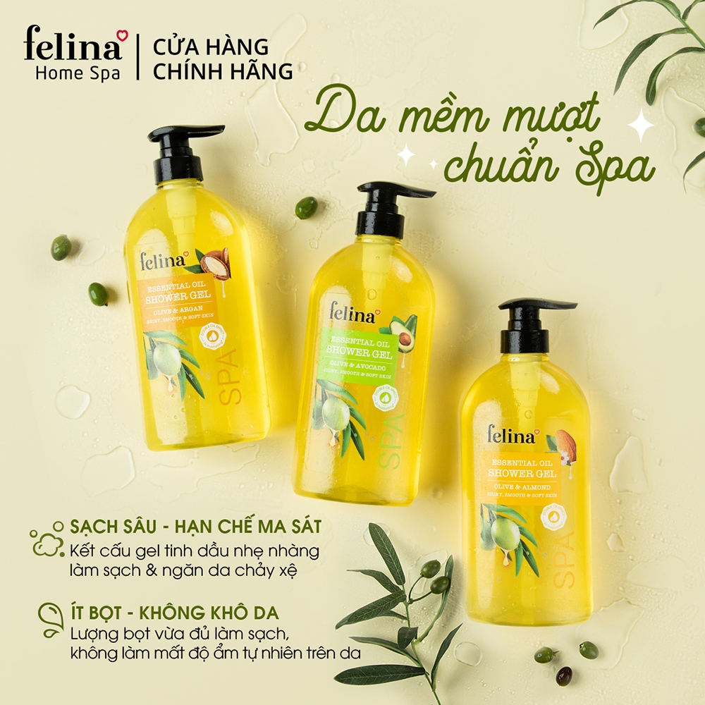 Gel tắm Felina Home Spa 800ml tinh dầu Oliu & Argan Tây Ban Nha dưỡng ẩm, da mềm mịn căng mướt gấp 2 lần