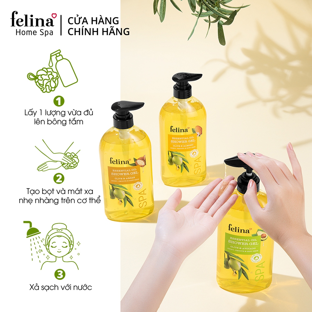 Gel tắm Felina Home Spa 800ml tinh dầu Oliu & Argan Tây Ban Nha dưỡng ẩm, da mềm mịn căng mướt gấp 2 lần