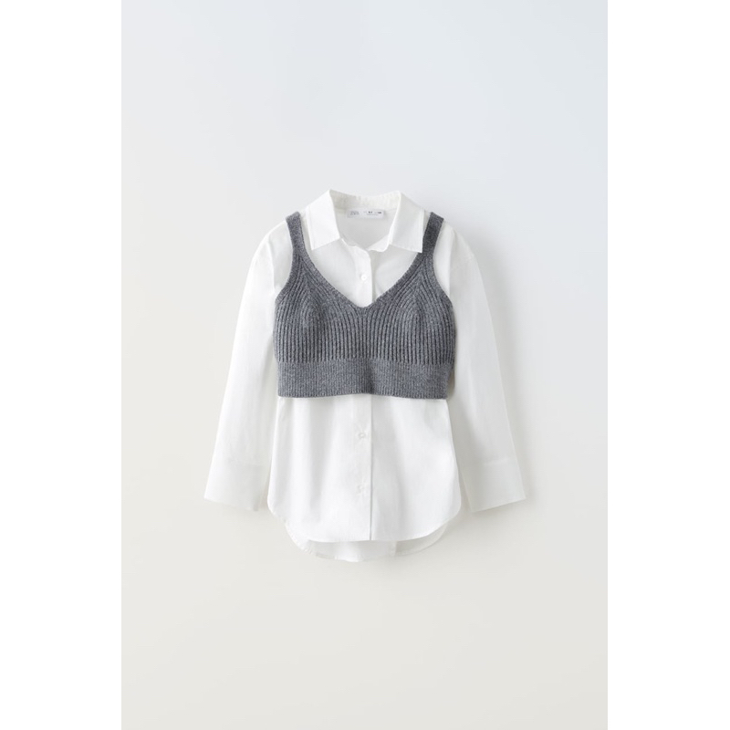 Set Áo Sơ Mi Bé Gái Kèm Gile Len Trắng/Xám ZR