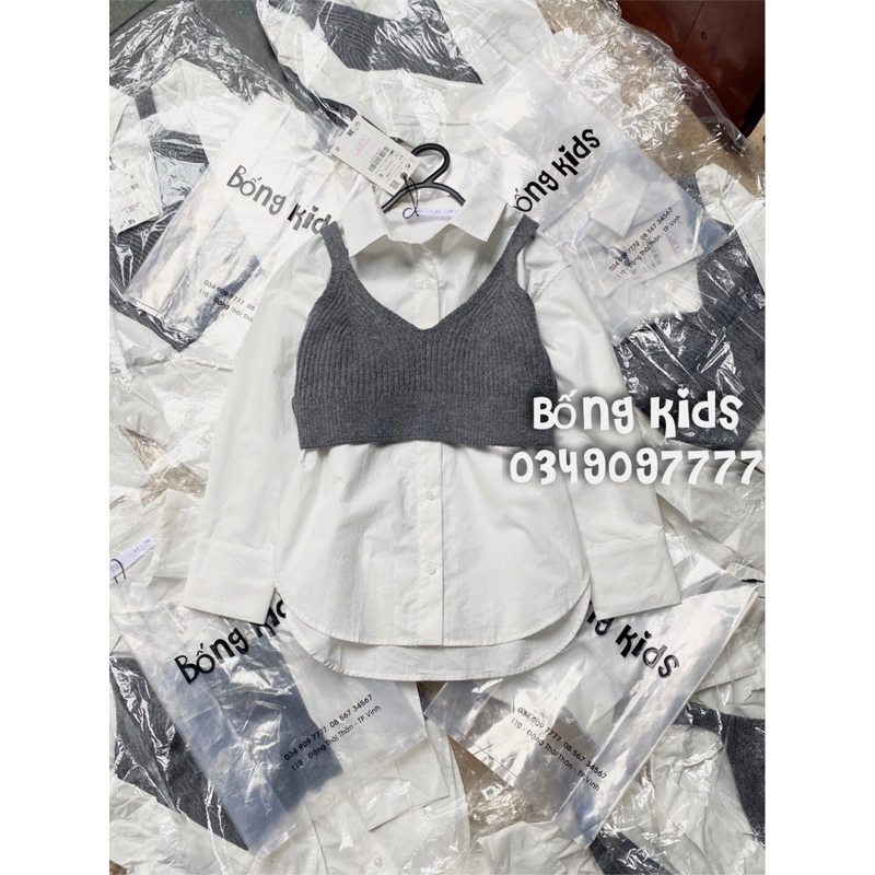 Set Áo Sơ Mi Bé Gái Kèm Gile Len Trắng/Xám ZR