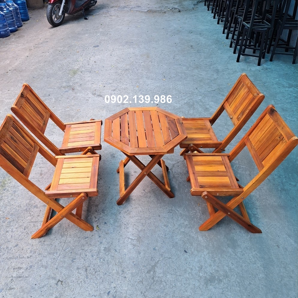 Bàn gỗ bát giác gấp gọn cho quán cafe, ban công, sân vườn