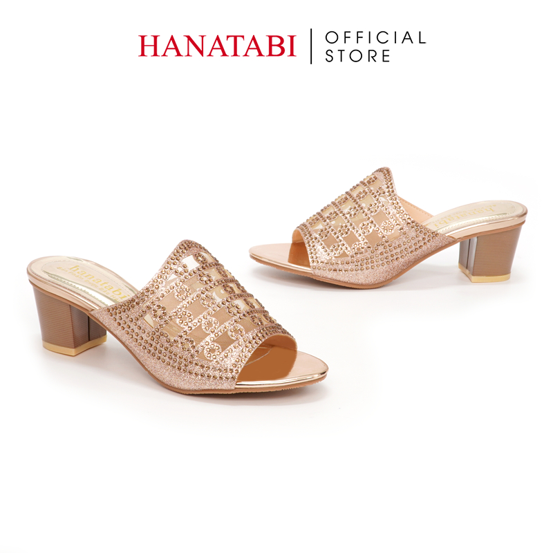 Dép Nữ Hanatabi Quai Kim Tuyến Phối Lưới Xoàn Gót Cao 5cm Mã HNDE5F909