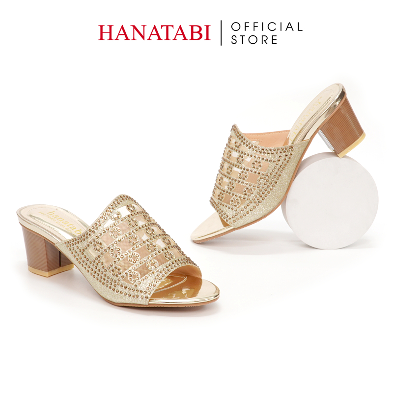 Dép Nữ Hanatabi Quai Kim Tuyến Phối Lưới Xoàn Gót Cao 5cm Mã HNDE5F909
