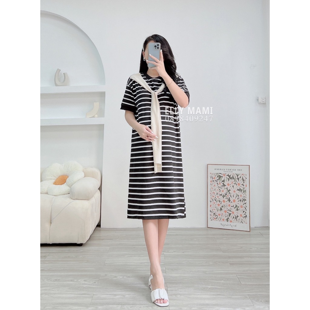 Đầm Thun Bầu , Suông Kẻ , Khăn Quàng , Form Dễ Mặc Thoải Mái Suốt Thai Kì & Sau Sinh